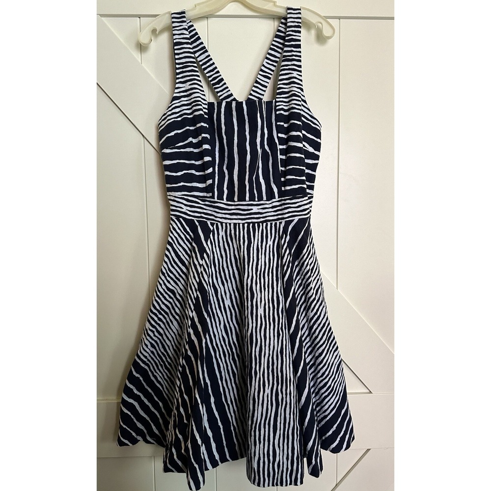 Eva Mendes Navy &‎ White Striped A-line Dress Pockets Fit/Flair Size 12